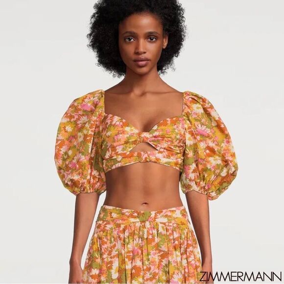 ZIMMERMANN Violet Twist Front Puff Sleeve Crop Top in Khaki Multi Floral - Picture 14 of 16